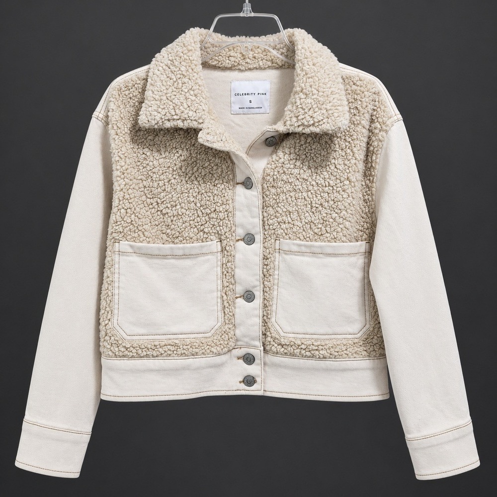 Celebrity Pink Womens Sherpa Mixed Media Trucker Jacket Cream Small